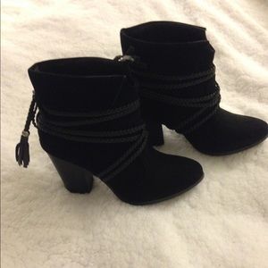 Black ankle booties with braided wrap